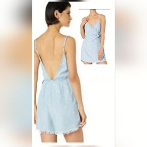 Show Me Your MuMu Wrap Mini Romper SZ L Palm Tree Chambray Tie Waist Plunge Back